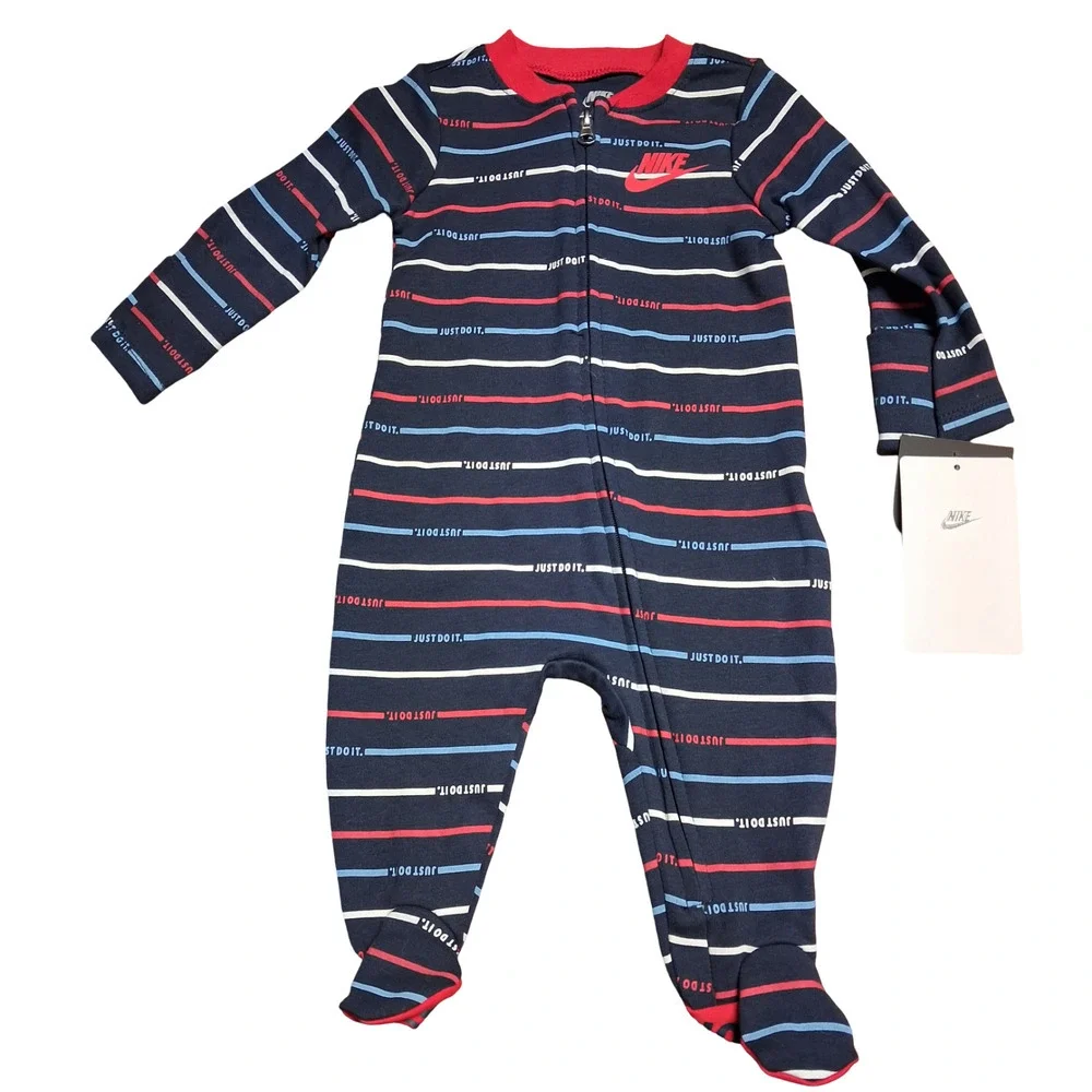 Nike Baby Boys Footed Coverall 3 Months Obsidian Stripe Zip Long Sleeve New